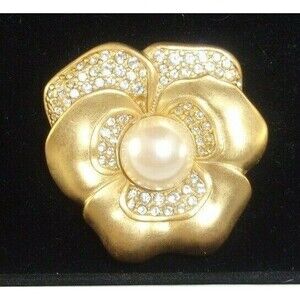 Swarovski Gold Tone and Crystal Rhinestone Flower Brooch Pin Faux Pearl
